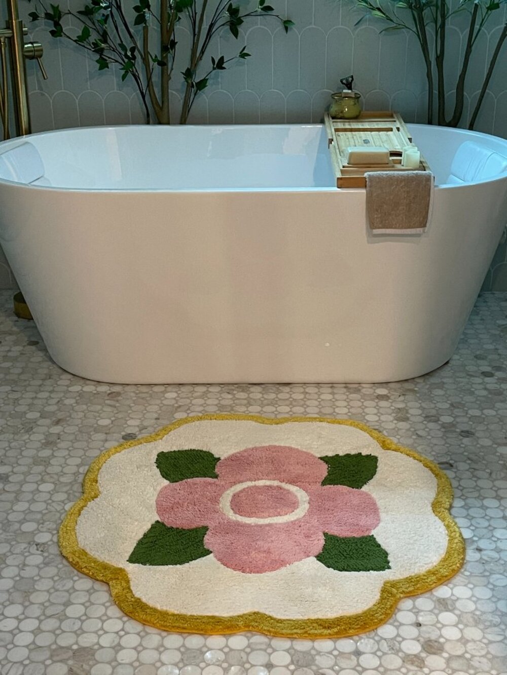 Anthropologie Floral Scalloped Cotton Bath Mat NWT Pink Green Mustard
